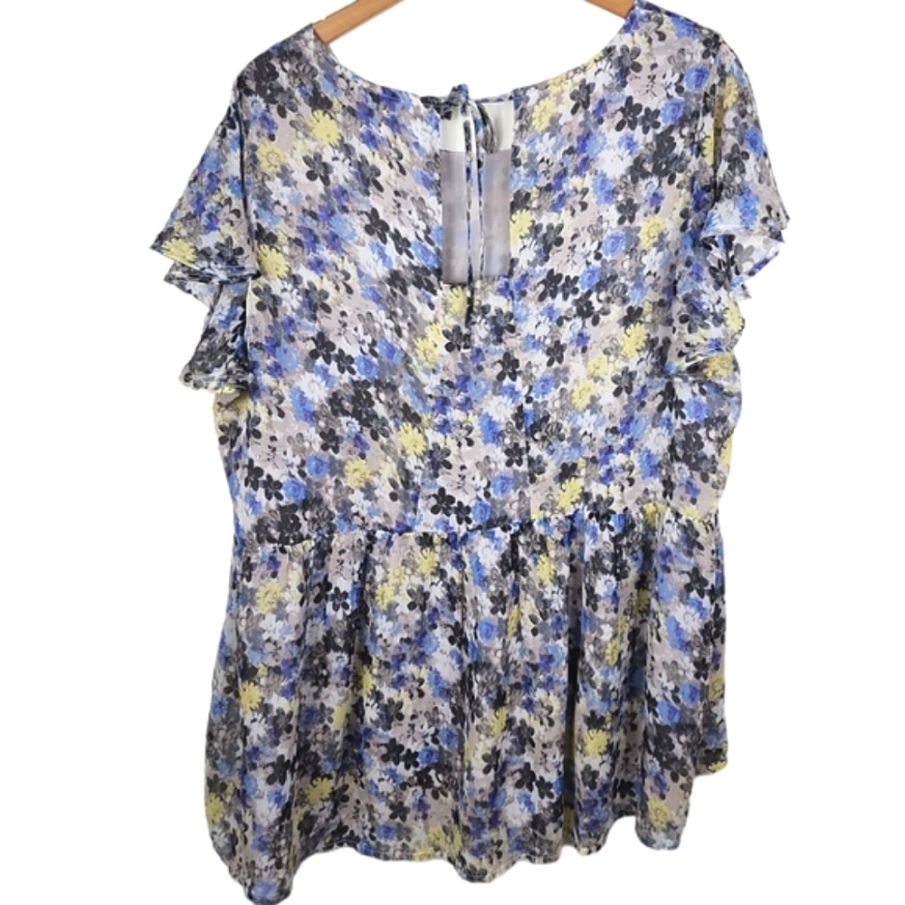 Lucky Brand Floral Short-Sleeve Peplum Top in Lavender, Yellow, Cream - Picture 5 of 8